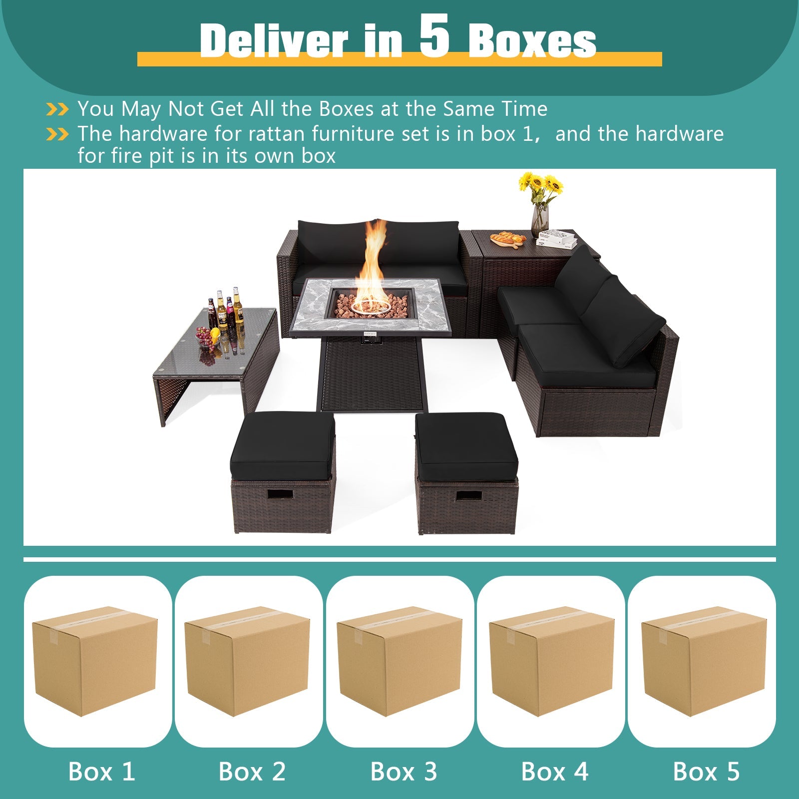 DirectDeals 9-Piece PE Wicker Sectional Set with Fire Pit Table