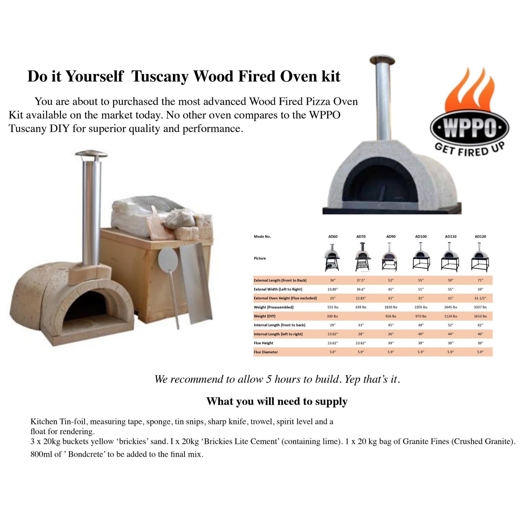 DIY Tuscany Wood-Fired Oven (Black Door, SS Flue) Kit (55D x 52W x 31H)