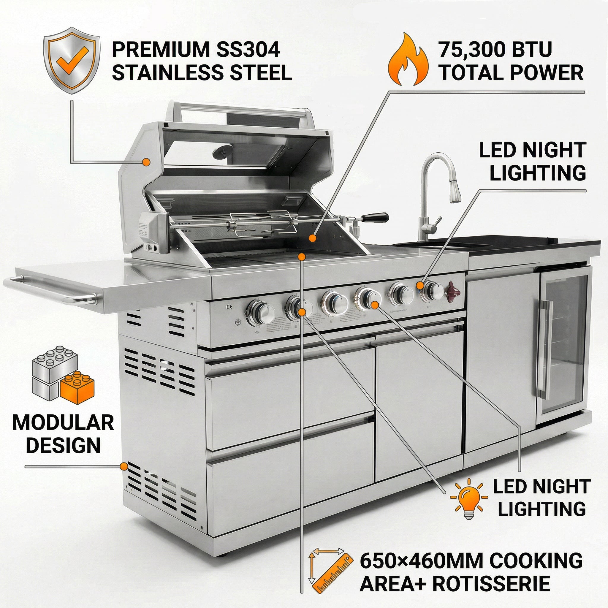 84-Inch Deluxe Stainless Steel Outdoor Kitchen Barbecue Island Grill