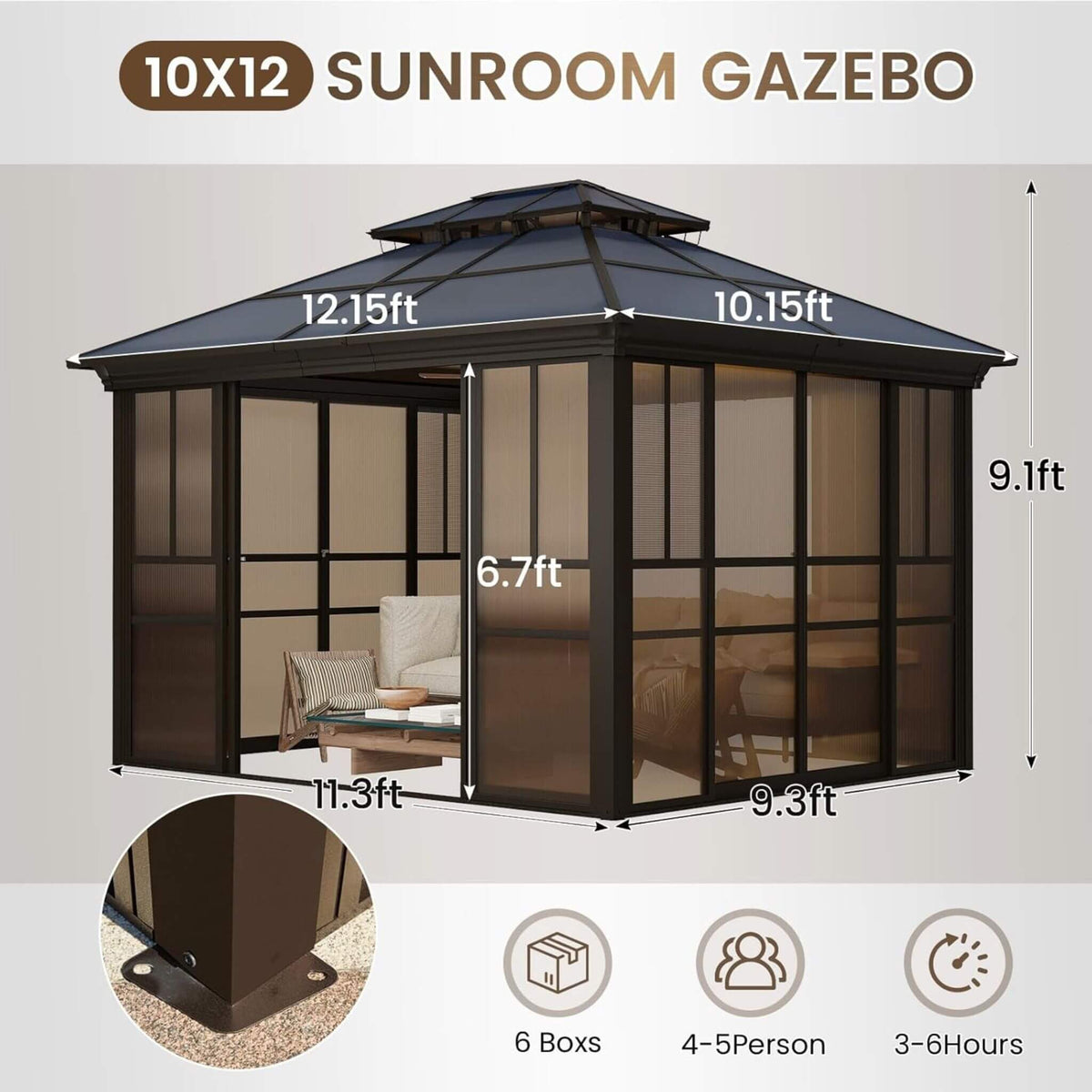 Heavy-Duty Aluminum Frame Backyard Solarium with Polycarbonate Roof &amp; Adjustable Panels