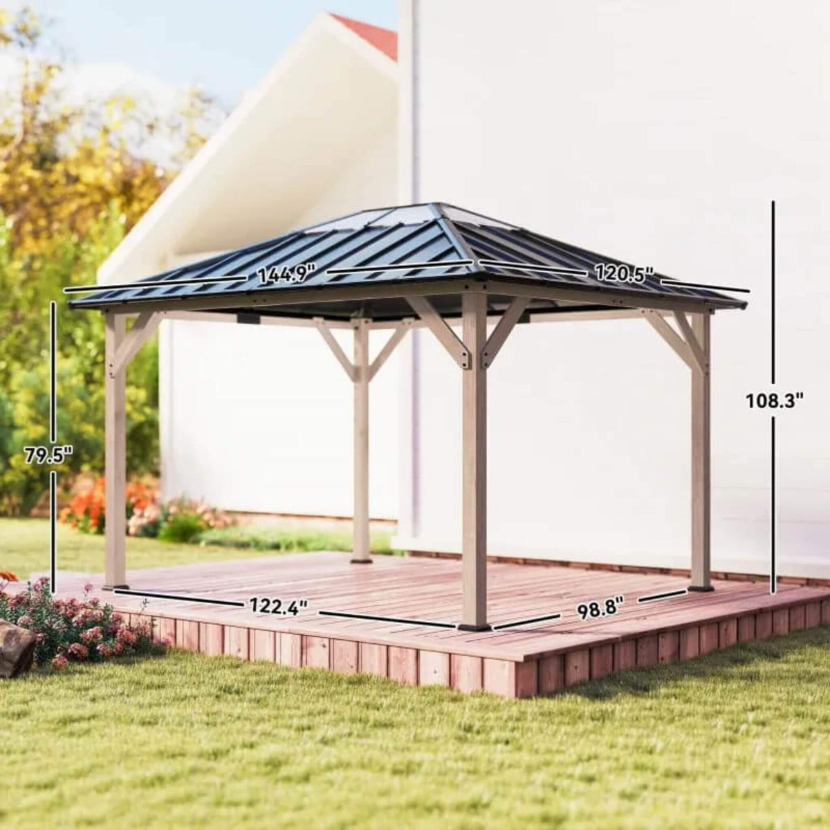 8x10ft Heavy-Duty Fir Wood Hardtop Gazebo with Galvanized Steel Roof