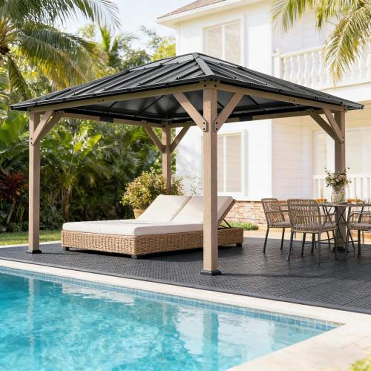8x10ft Heavy-Duty Fir Wood Hardtop Gazebo with Galvanized Steel Roof