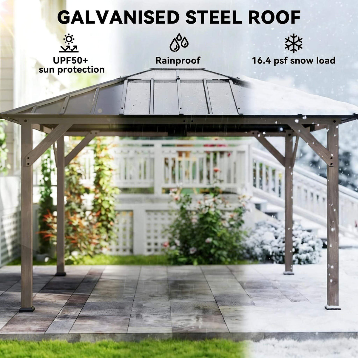 8x10ft Heavy-Duty Fir Wood Hardtop Gazebo with Galvanized Steel Roof