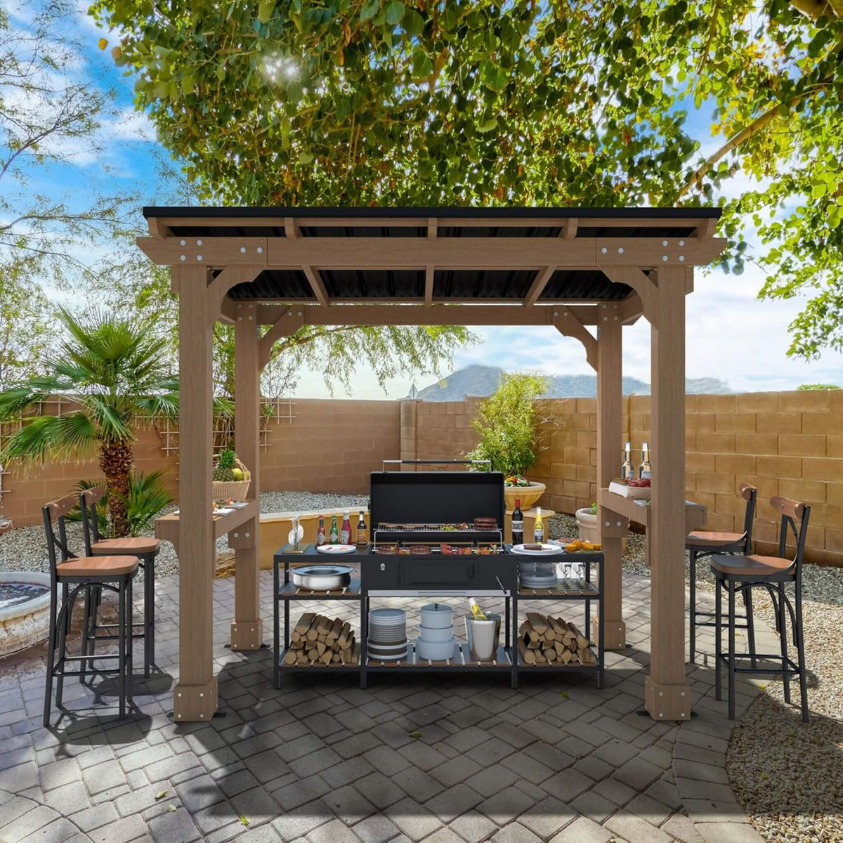 Heavy-Duty Wooden Grill Gazebo with Sloped Metal Roof