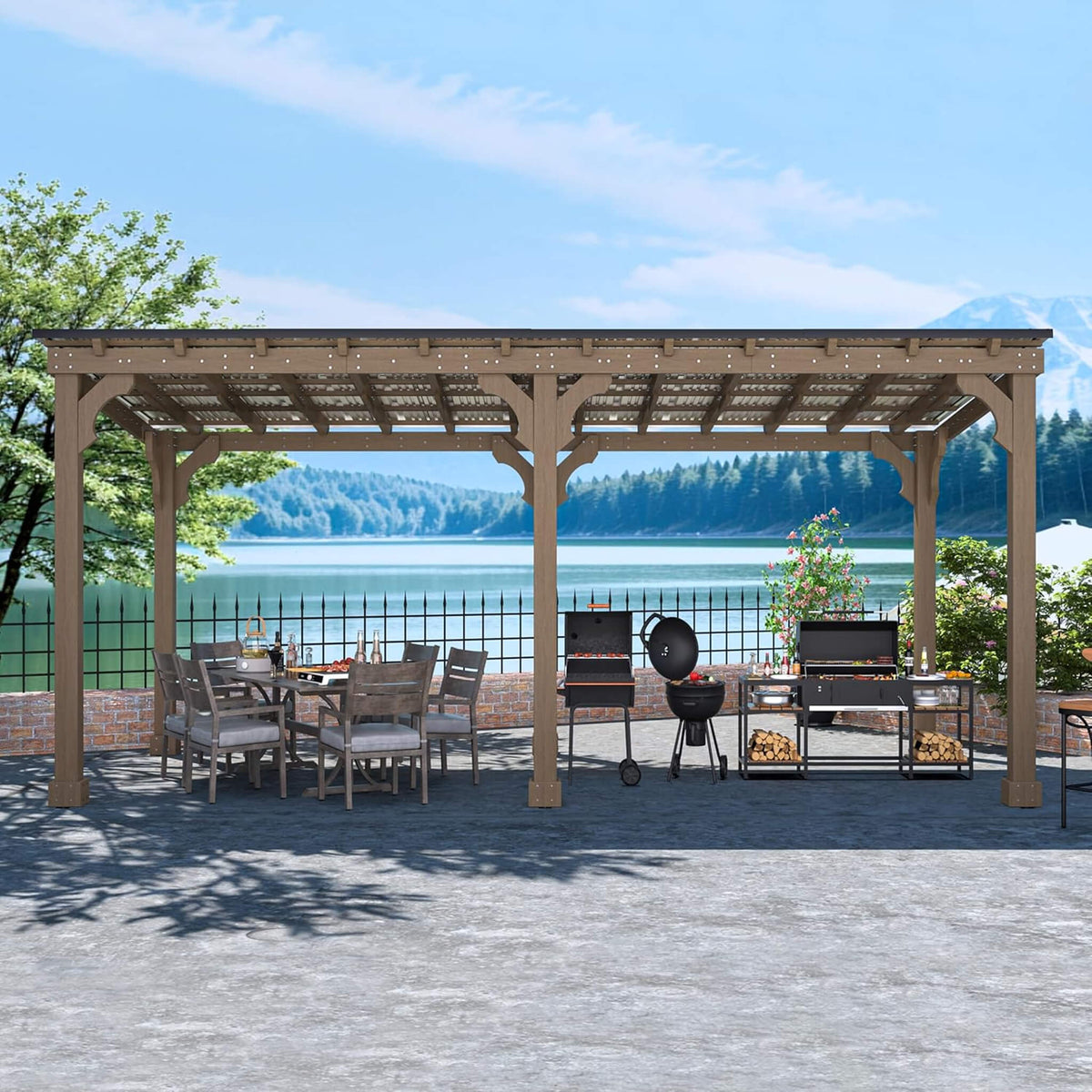 Heavy-Duty Wooden Grill Gazebo with Sloped Metal Roof