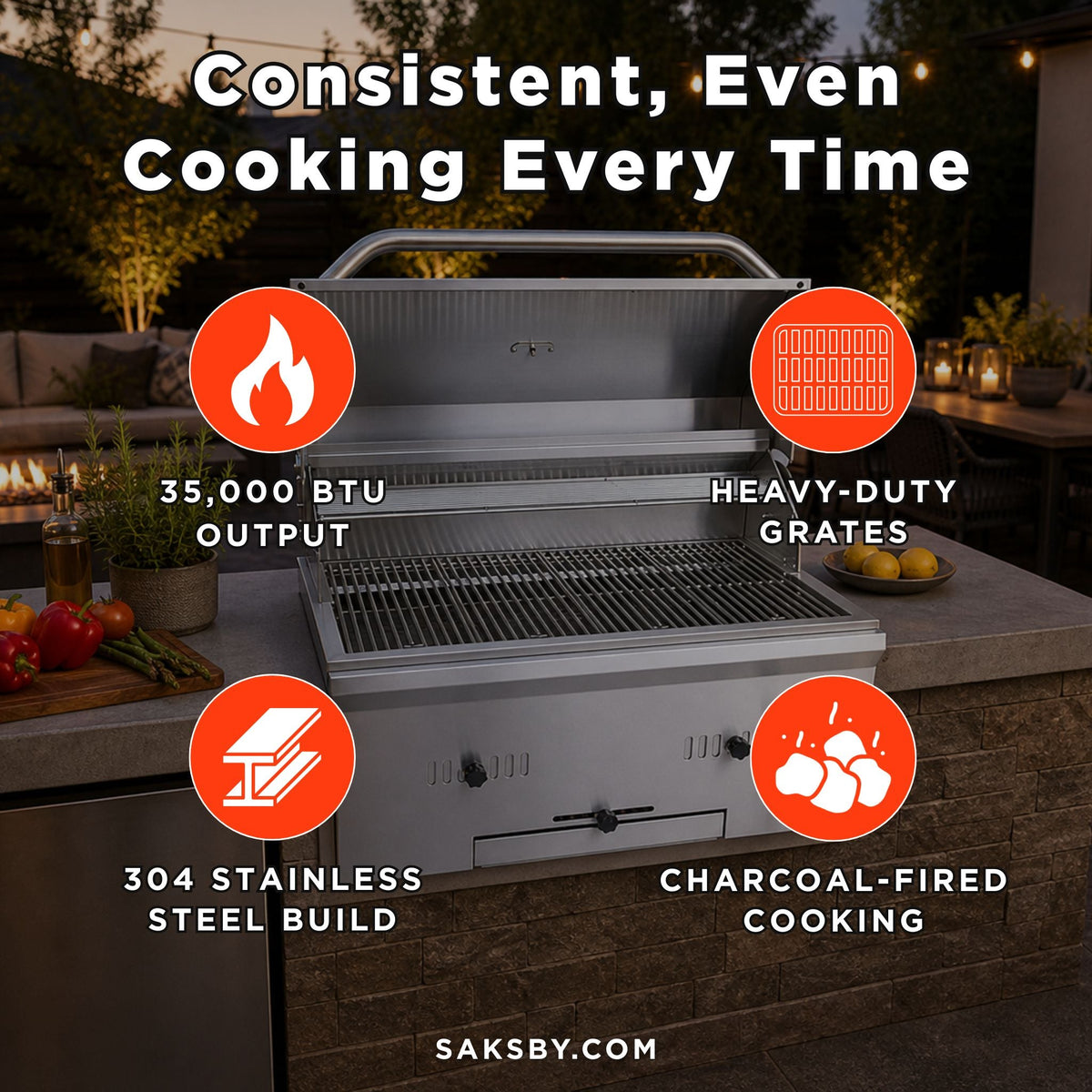 KoKoMo Grills 32-Inch Built-In Charcoal BBQ Grill — 304 Stainless Steel