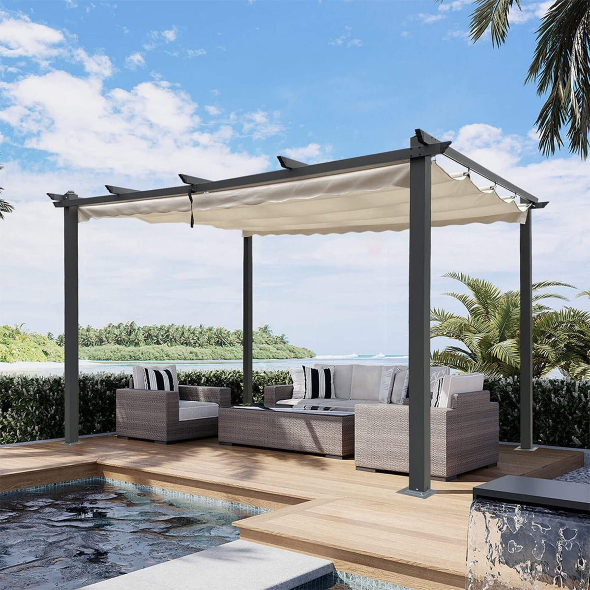 Saksby 10x13ft Large Outdoor Patio Pergola with Canopy &amp; Retractable Sun Shades, Beige