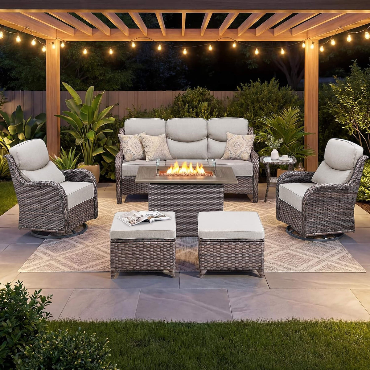 Luxury 7-Piece Outdoor Patio Furniture Set with Fire Pit Table