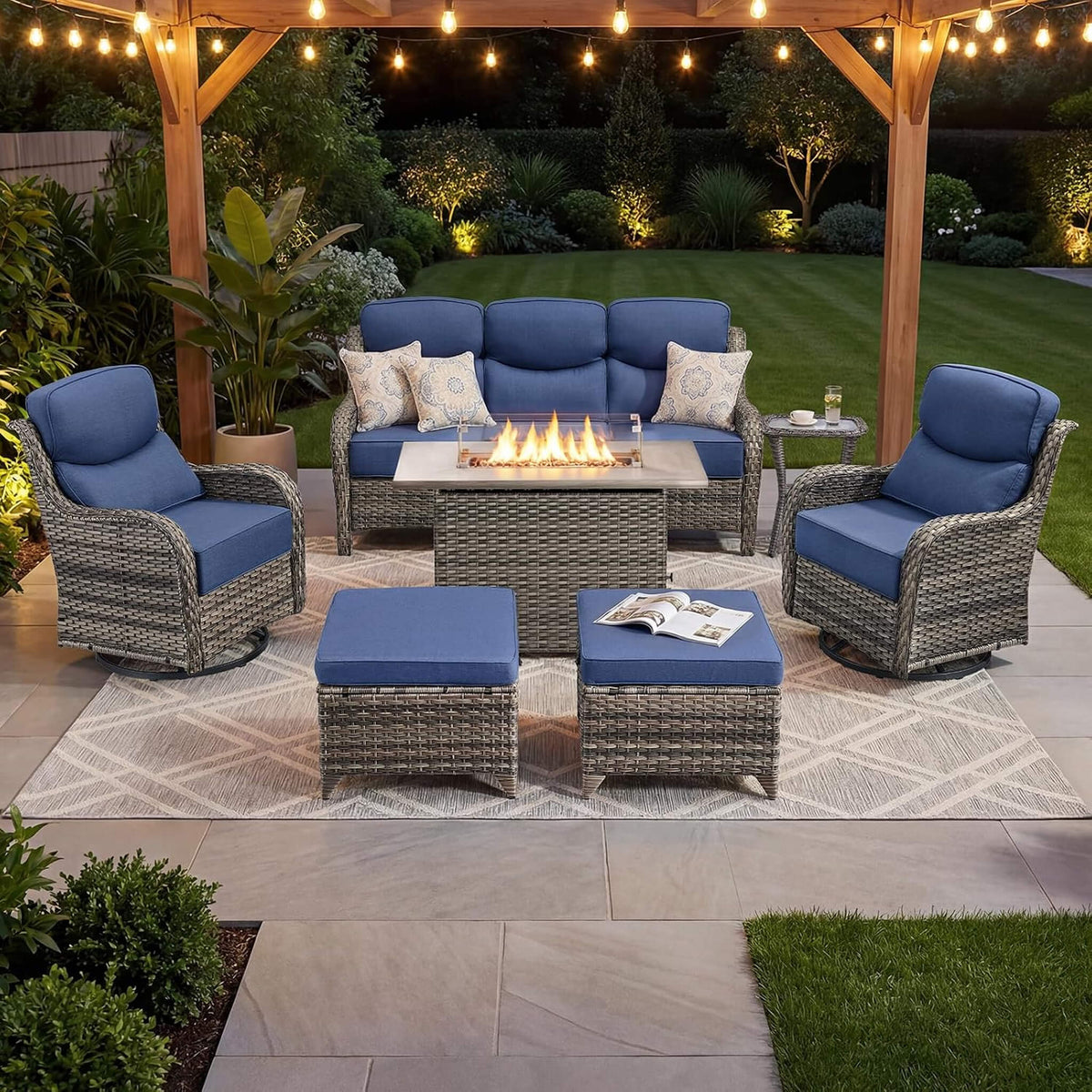 Luxury 7-Piece Outdoor Patio Furniture Set with Fire Pit Table