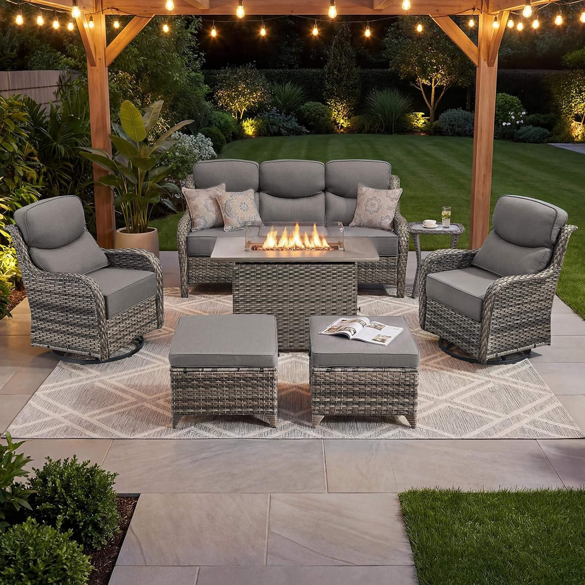 Luxury 7-Piece Outdoor Patio Furniture Set with Fire Pit Table