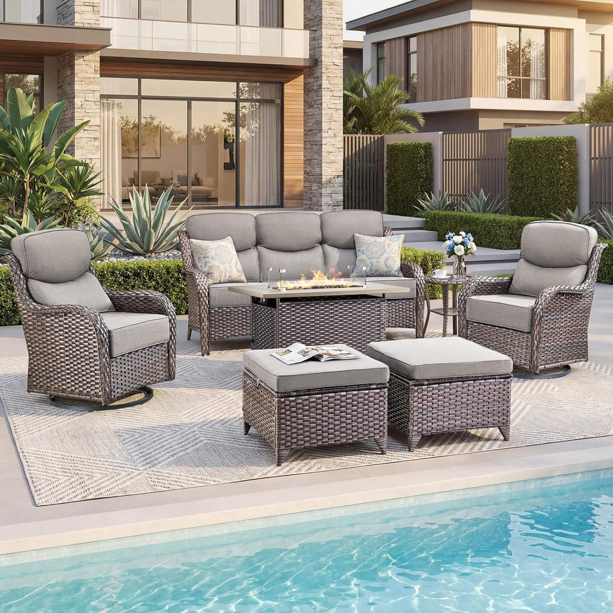 Luxury 7-Piece Outdoor Patio Furniture Set with Fire Pit Table