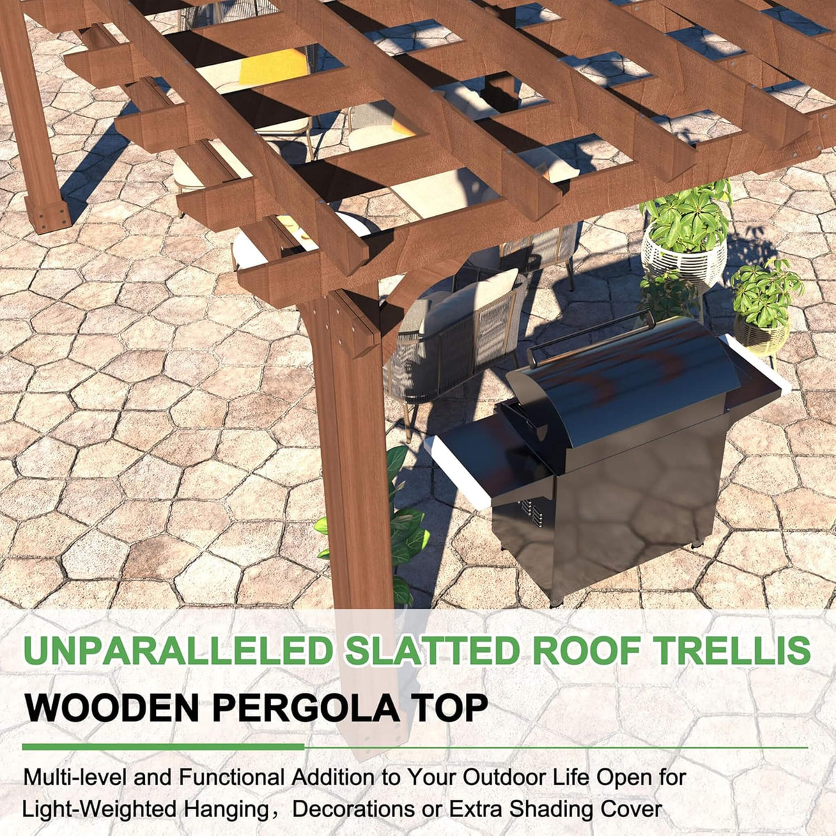 Outdoor Cedar Wood Patio Pergola with Slatted Trellis Roof