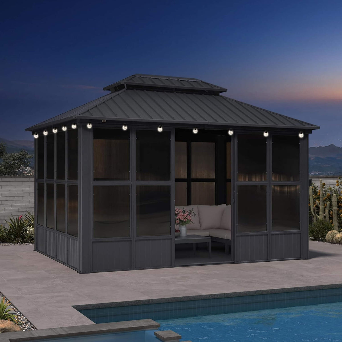 Outdoor Hardtop Aluminum Solarium with Sliding Doors & Removable PC Screens