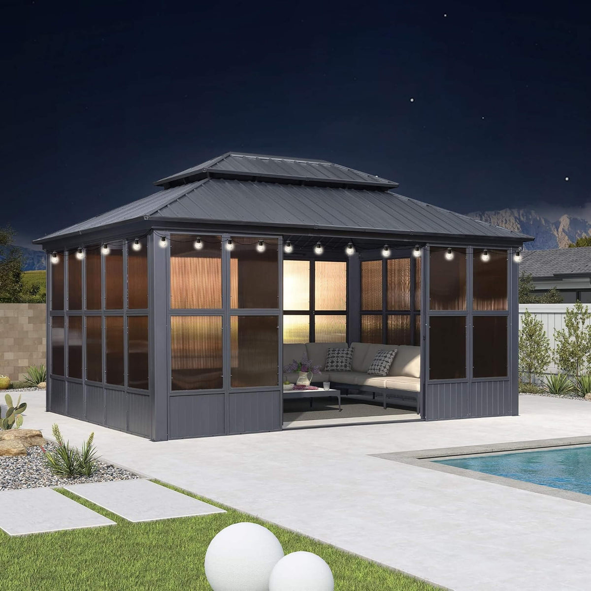 Outdoor Hardtop Aluminum Solarium with Sliding Doors & Removable PC Screens