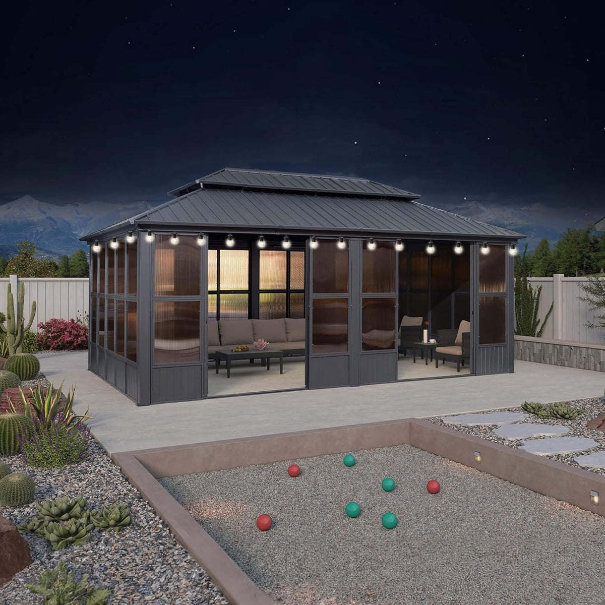 Outdoor Hardtop Aluminum Solarium with Sliding Doors & Removable PC Screens