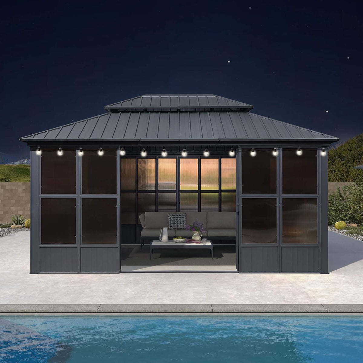 Outdoor Hardtop Aluminum Solarium with Sliding Doors & Removable PC Screens