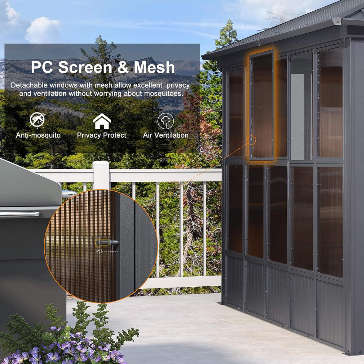 Outdoor Hardtop Aluminum Solarium with Sliding Doors & Removable PC Screens