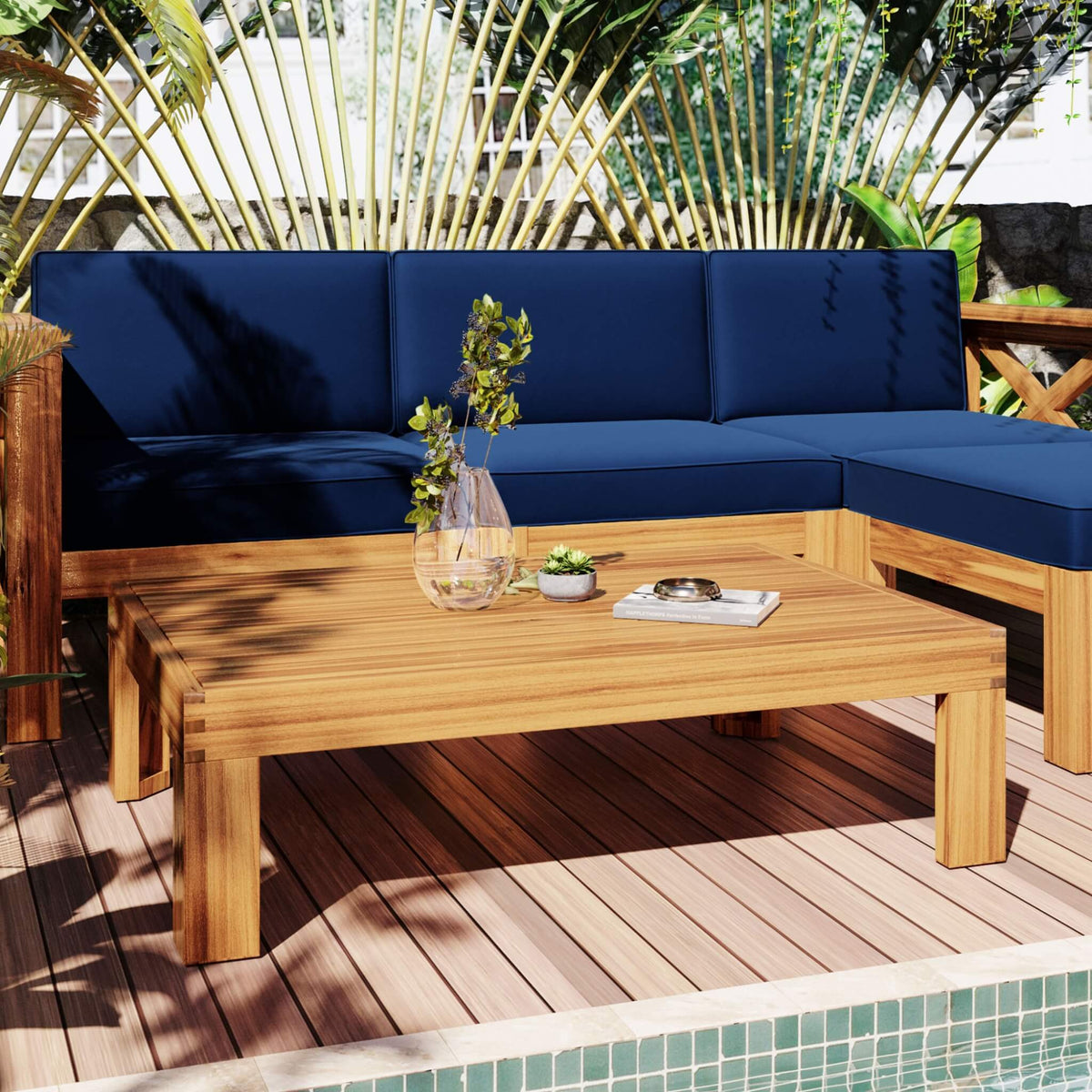 5-Piece Outdoor Hardwood X-Back Sectional Sofa Set with Cushions