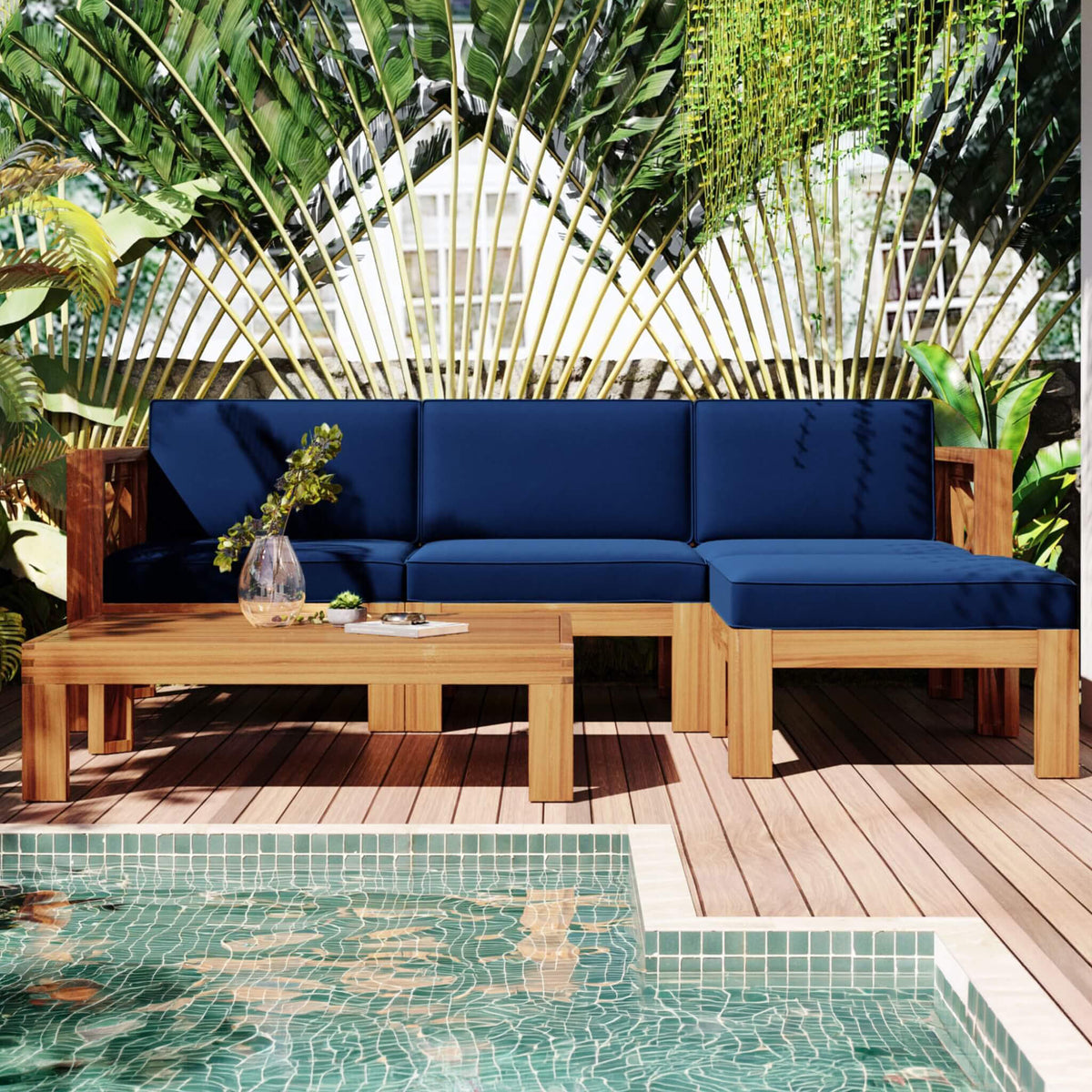 5-Piece Outdoor Hardwood X-Back Sectional Sofa Set with Cushions