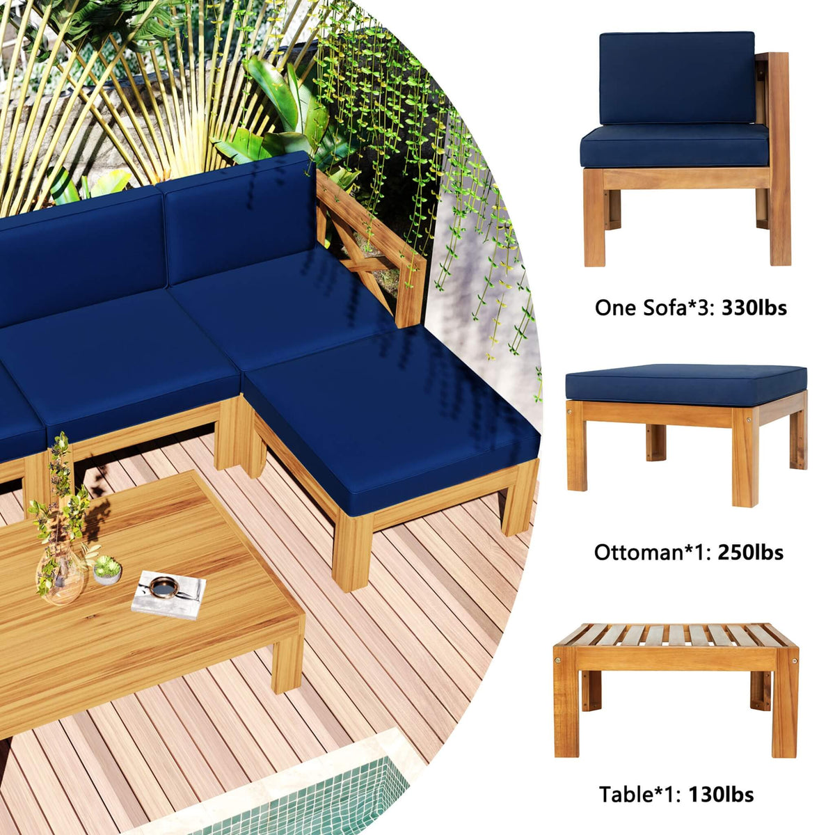 5-Piece Outdoor Hardwood X-Back Sectional Sofa Set with Cushions