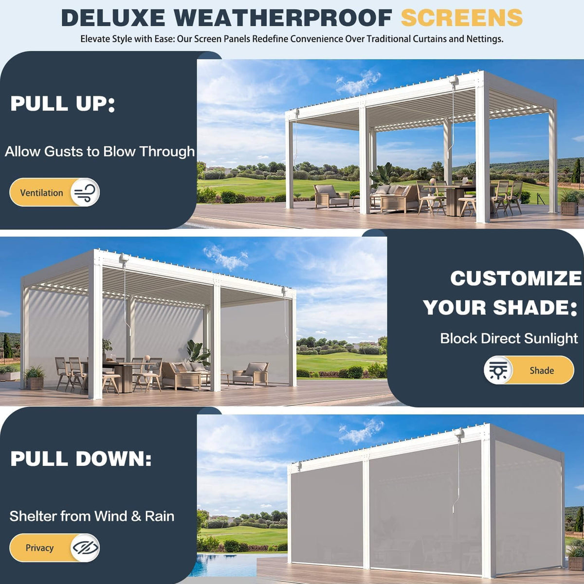 Louvered Aluminum Pergola with Adjustable Roof & Pull-Down Screens