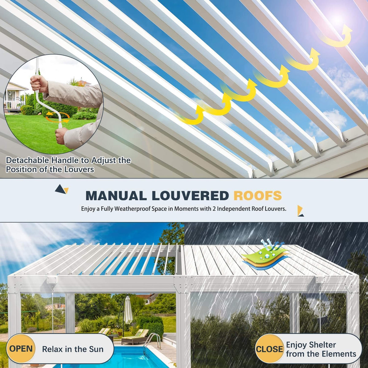 Louvered Aluminum Pergola with Adjustable Roof & Pull-Down Screens